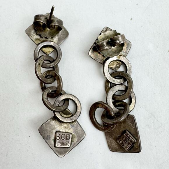 Vintage SCB Earrings 925 Sterling Silver Real Amethyst Purple Yellow Stone Chain - Picture 7 of 13